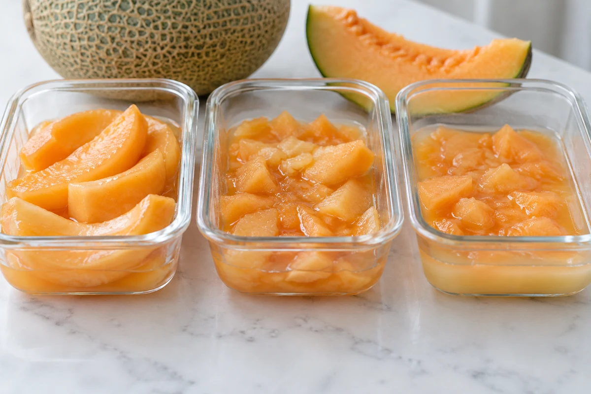 Melon preparation samples with differing piece retention and liquid separation