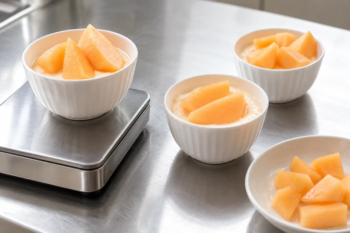 Three portions of a melon preparation beside smaller retained pieces