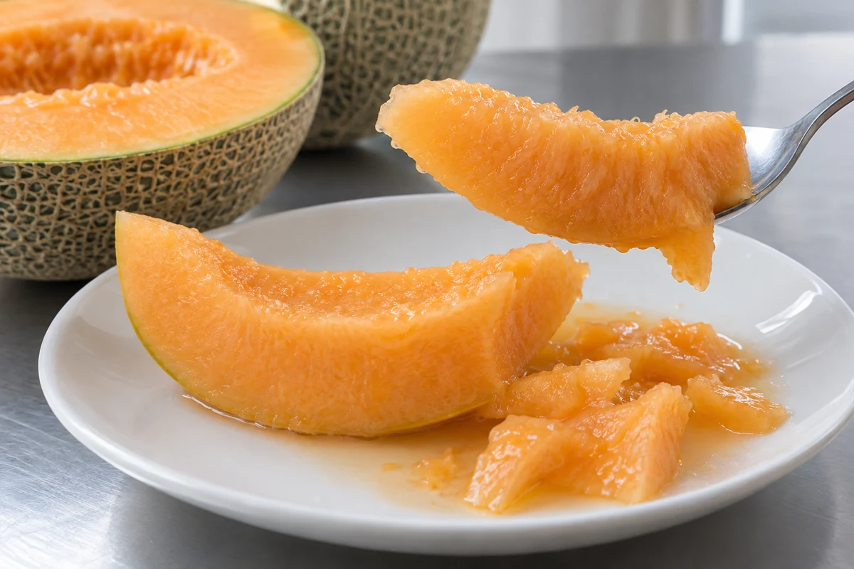 A spoon supports a softened melon wedge above a plate