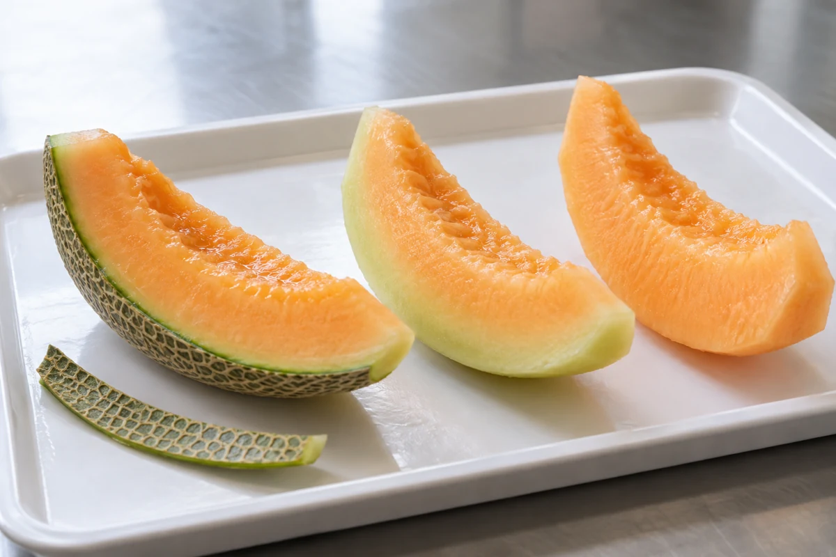 Wedges showing external rind, pale outer flesh and orange flesh