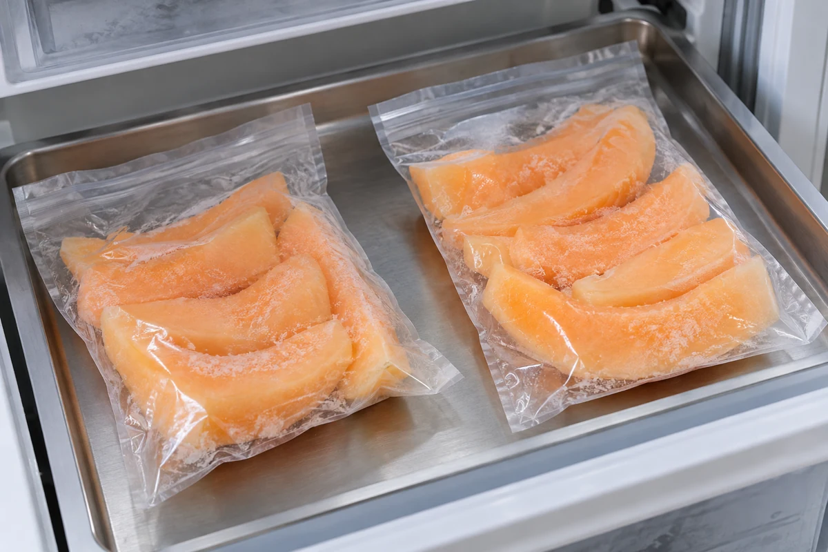 Two sealed retained samples of frozen Hami melon wedges