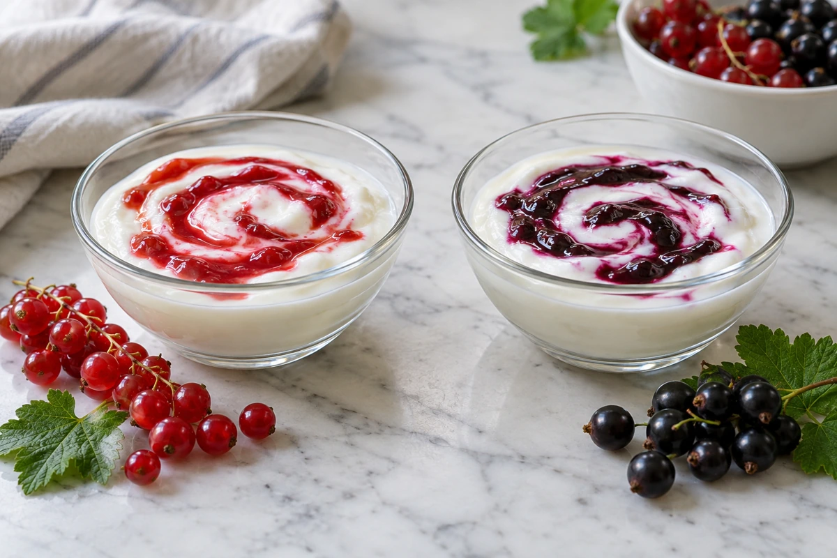 Redcurrant and blackcurrant sauce swirls in two bowls of white yogurt