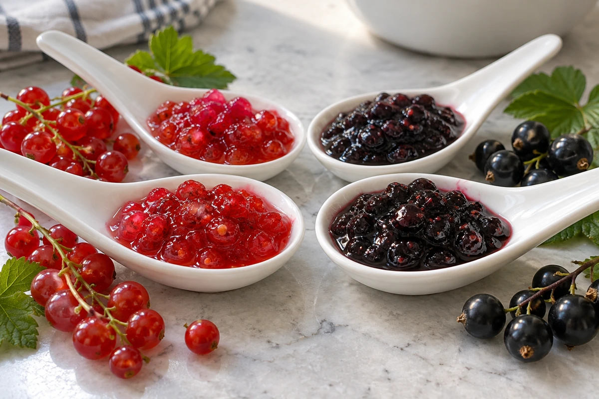 Red and black currant pulp on four white tasting spoons