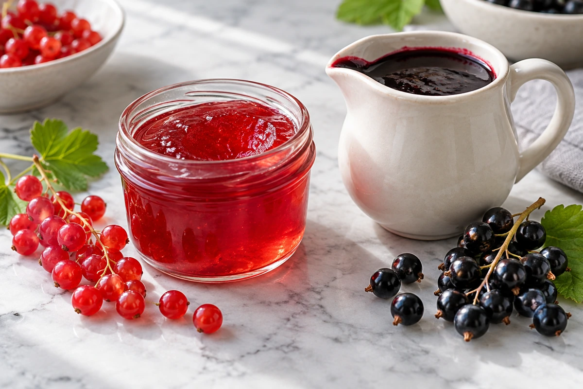 Clear redcurrant jelly beside a jug of dark blackcurrant sauce