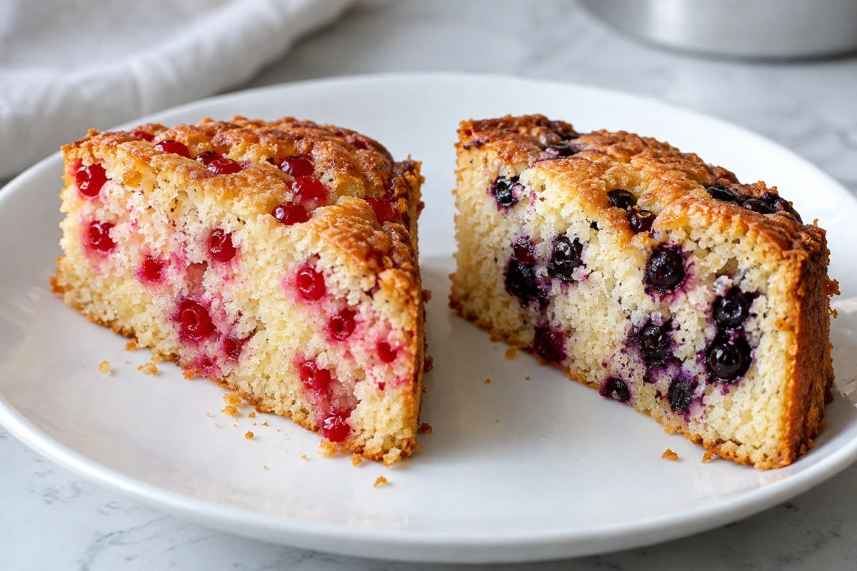 Cake slices containing red and dark purple currant pockets