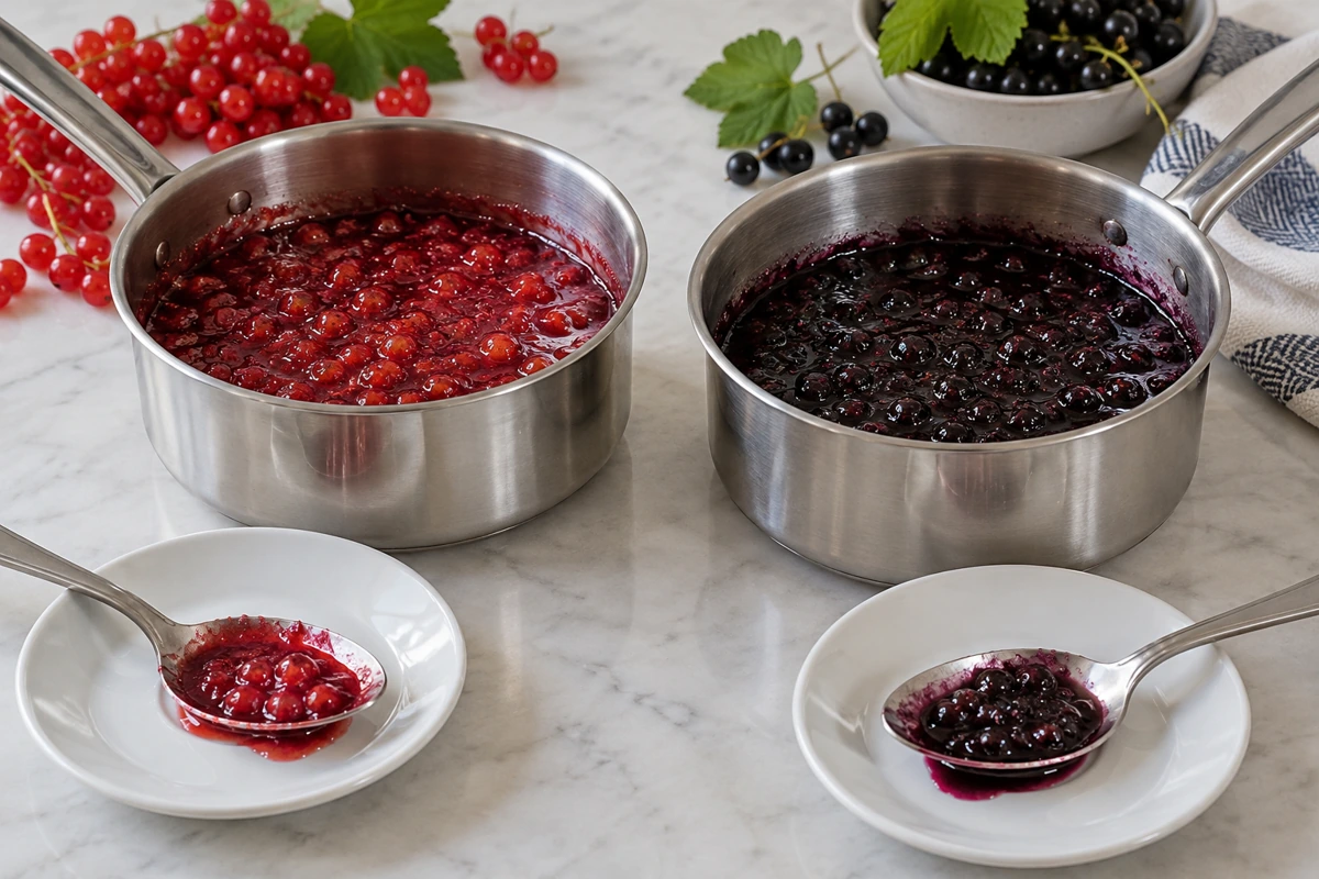 Small saucepans containing redcurrant and blackcurrant preparations