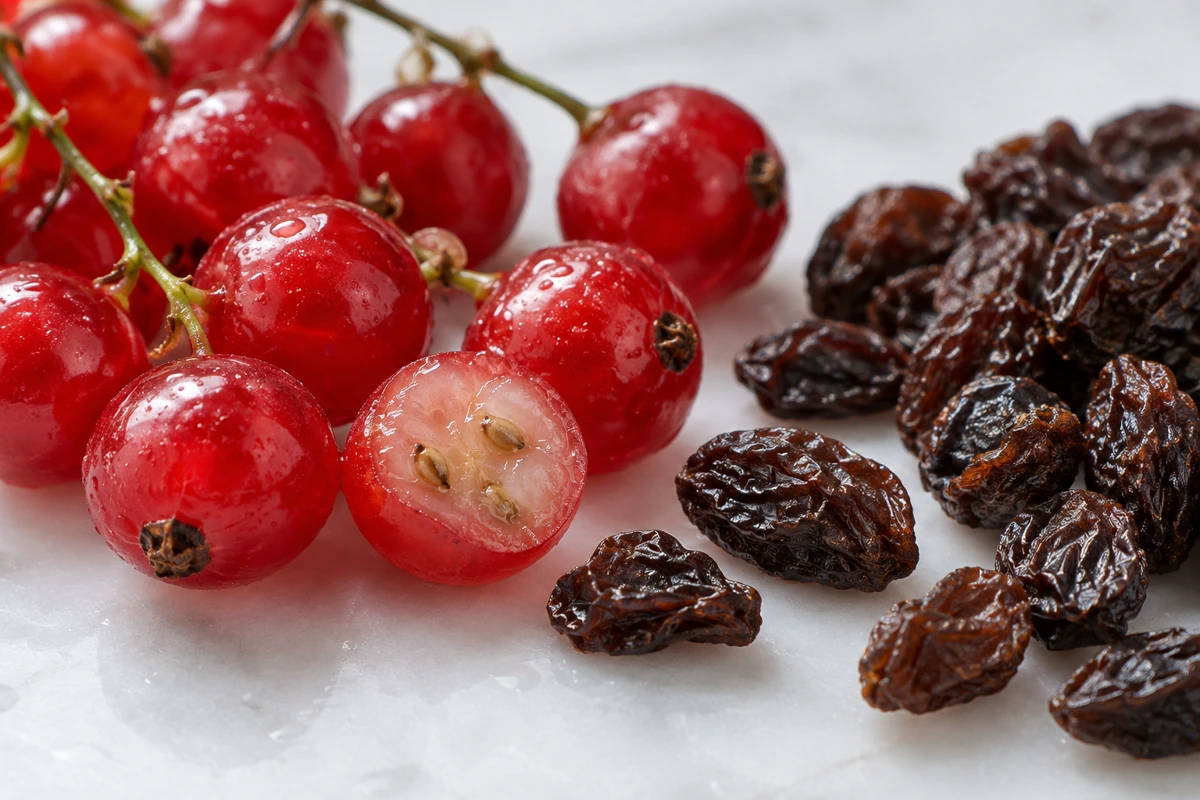 Cut redcurrant with small seeds beside wrinkled dried Zante grapes Cut redcurrant with small seeds beside wrinkled dried Zante grapes