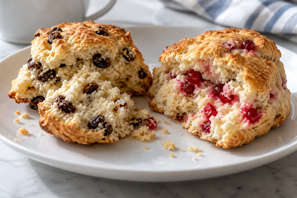 Broken scones showing dried Zante raisins and soft redcurrant pockets Broken scones showing dried Zante raisins and soft redcurrant pockets