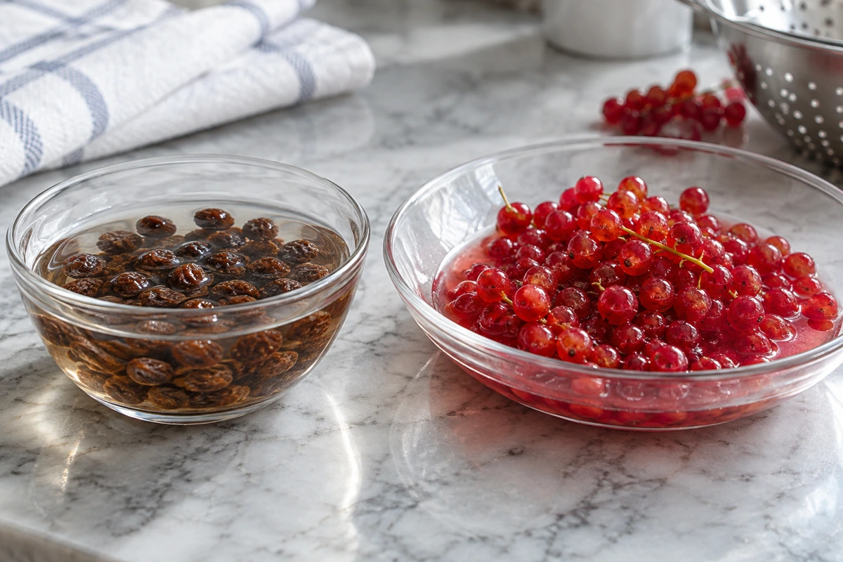 Zante raisins soaking in water beside softened redcurrants and red juice Zante raisins soaking in water beside softened redcurrants and red juice