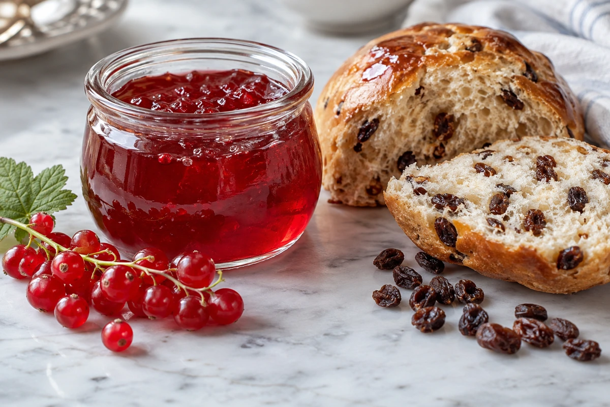 Clear redcurrant jelly beside a sliced bun containing Zante raisins Clear redcurrant jelly beside a sliced bun containing Zante raisins