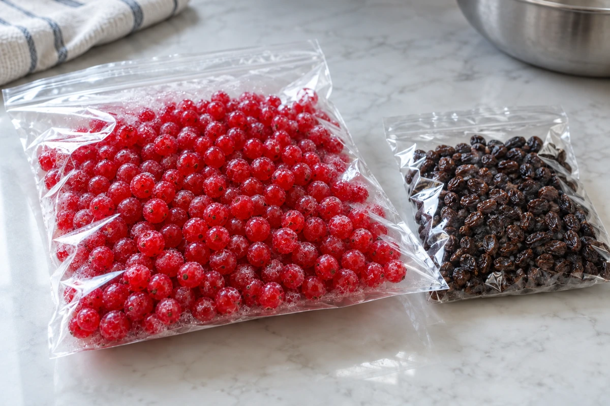 Separate clear packs of frozen loose redcurrants and dry Zante raisins Separate clear packs of frozen loose redcurrants and dry Zante raisins