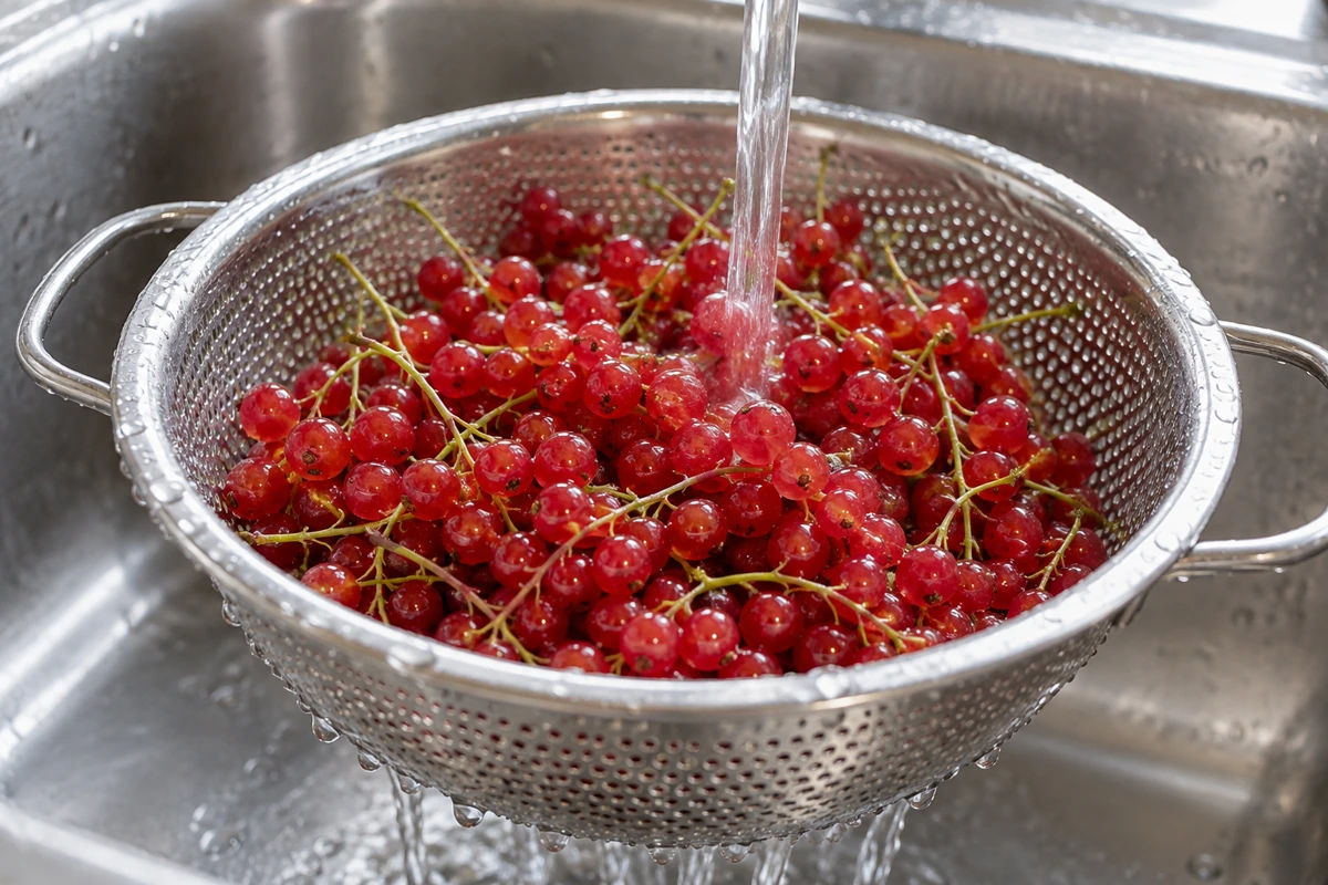 Redcurrant strigs under a gentle stream of water in a metal colander