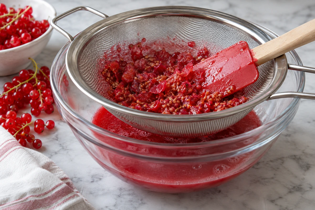 Red skins and tiny seeds retained in a supported sieve above red pulp