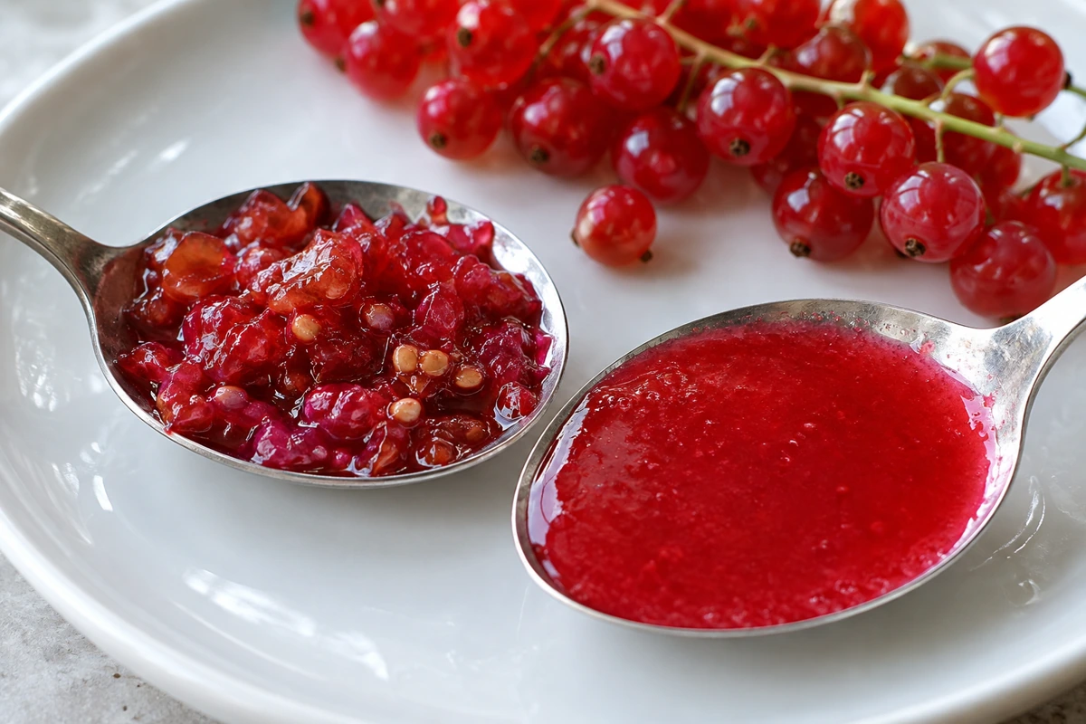 Crushed redcurrant skins and small seeds beside smoother screened pulp