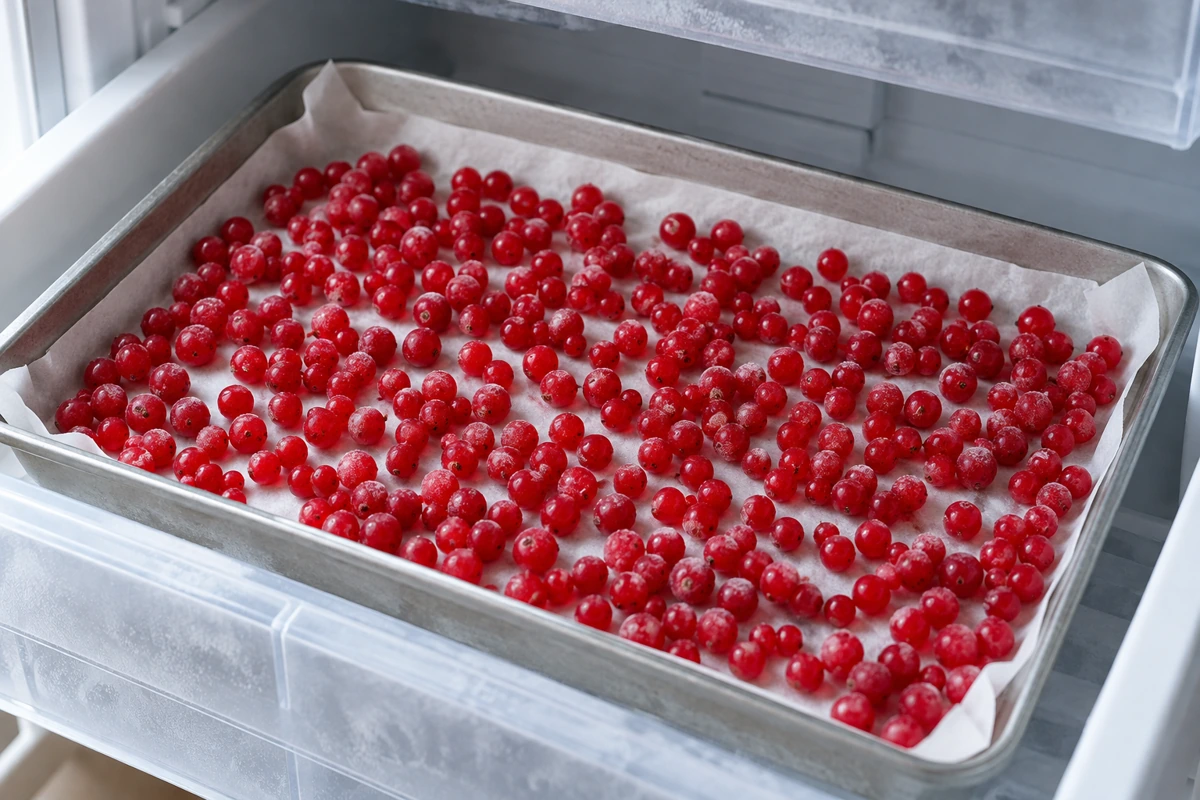 Destemmed redcurrants in a single layer on a parchment-lined freezer tray