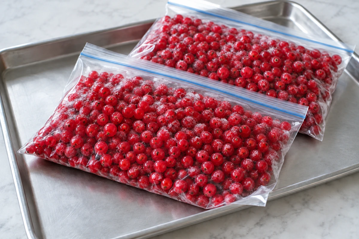 Two flat sealed freezer bags containing individual redcurrants