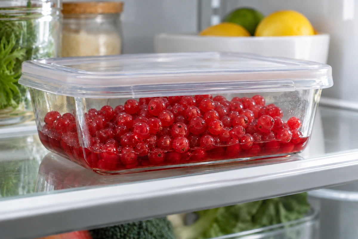 Covered container of thawing redcurrants and juice on a refrigerator shelf
