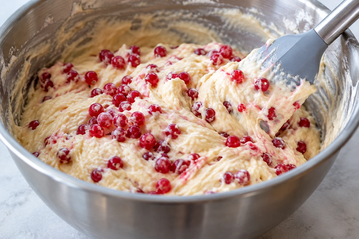 Small frozen redcurrants being folded into thick cake batter with a spatula