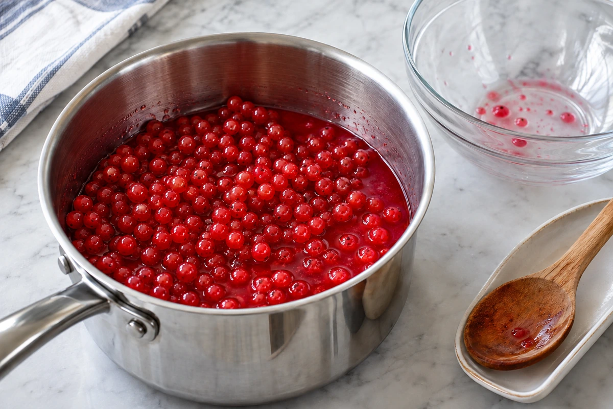 Thawed redcurrants and their red juice together in a preserving pan