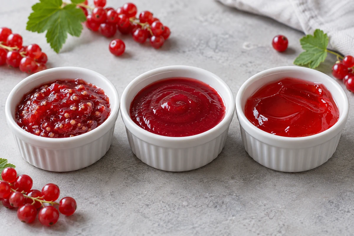 Seeded jam, smooth pulpy spread and clear redcurrant jelly in three ramekins