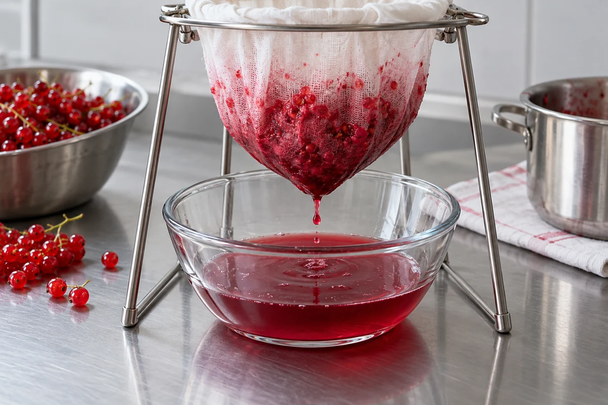 Redcurrant juice dripping from a suspended cloth bag into a glass bowl