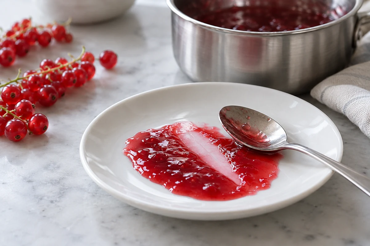 A spoon track through cooled redcurrant jelly on a white saucer
