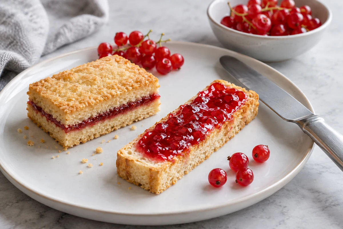 Redcurrant jam between shortbread layers beside jelly on toast