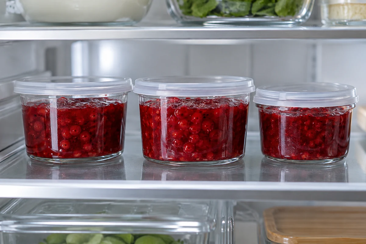 Covered redcurrant spread samples on a refrigerator shelf