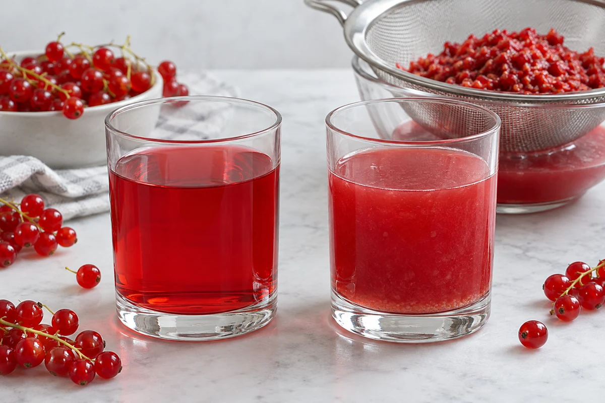 Clear redcurrant juice beside cloudy juice with fine sediment Clear redcurrant juice beside cloudy juice with fine sediment