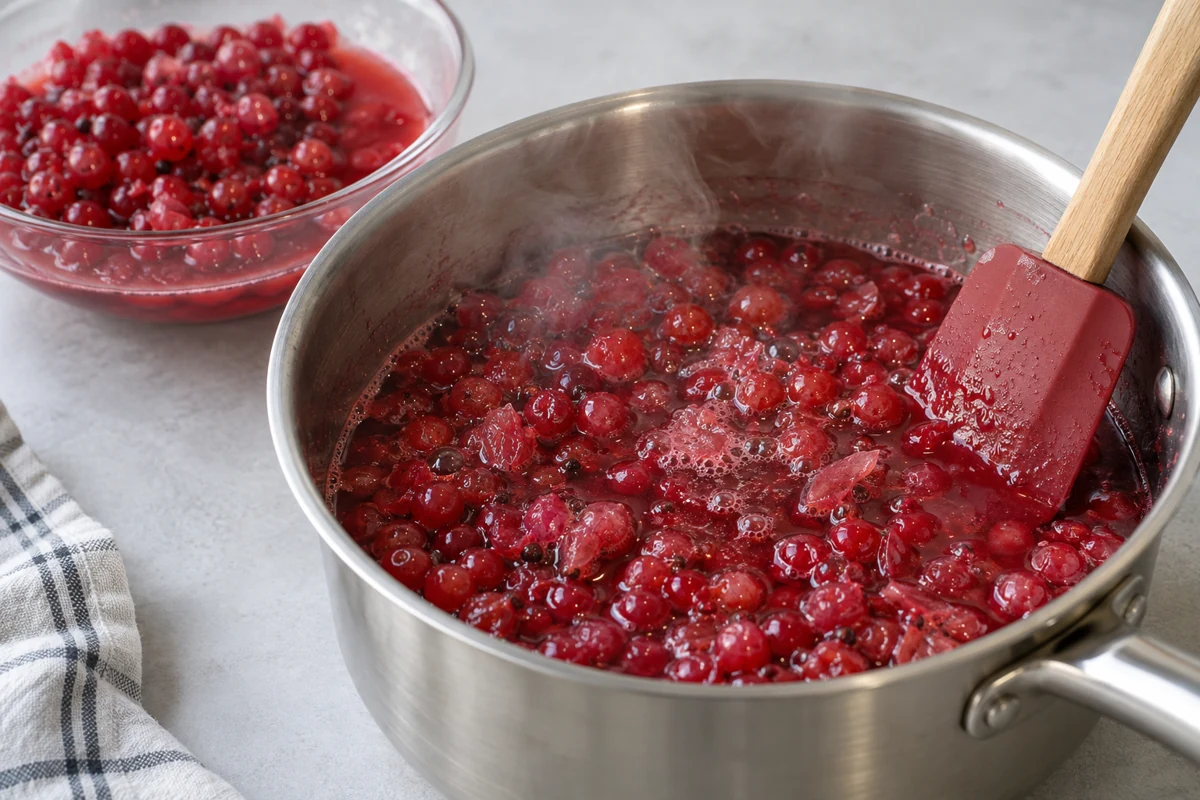 Softened redcurrants and released juice in a stainless saucepan Softened redcurrants and released juice in a stainless saucepan