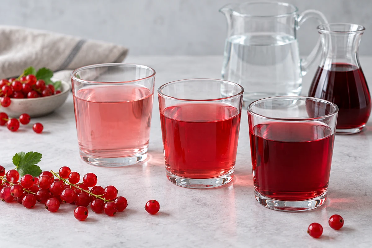 Three redcurrant drinks ranging from pale rose to dark ruby Three redcurrant drinks ranging from pale rose to dark ruby