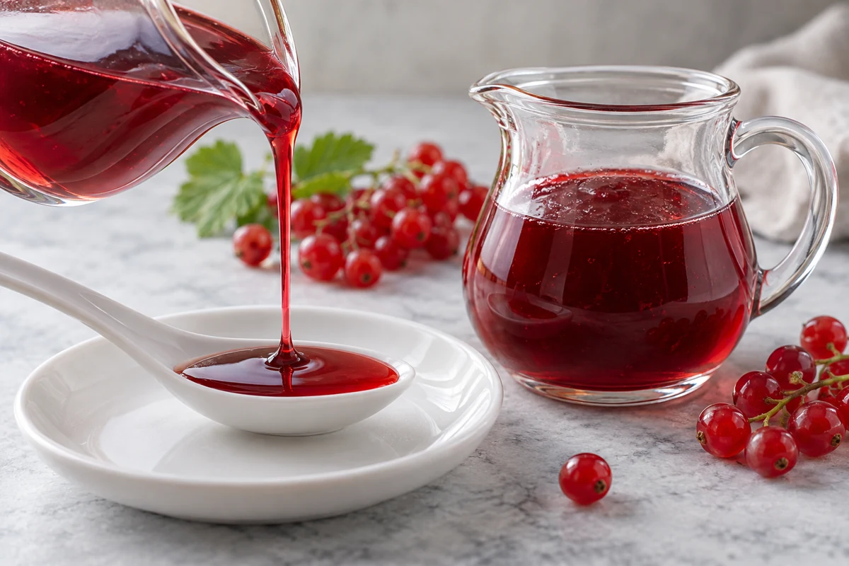 Ruby redcurrant syrup pouring into a white spoon beside a glass jug Ruby redcurrant syrup pouring into a white spoon beside a glass jug