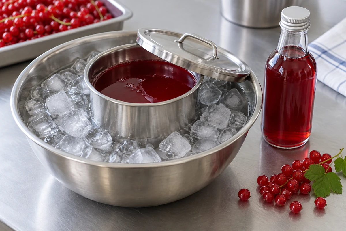 Redcurrant liquid in a lidded saucepan set in an ice-water bath Redcurrant liquid in a lidded saucepan set in an ice-water bath