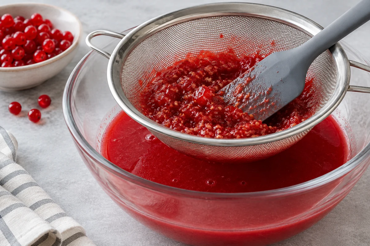 Cooked redcurrant seeds and skins on a sieve above smooth red sauce Cooked redcurrant seeds and skins on a sieve above smooth red sauce