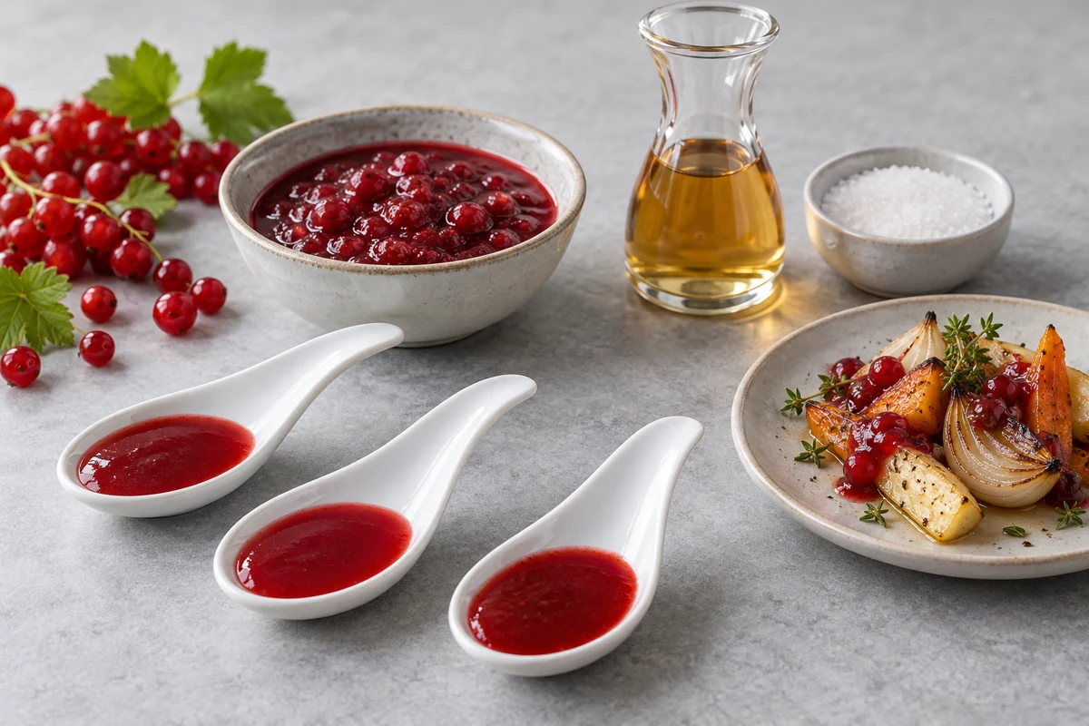 Redcurrant sauce tasting spoons beside vinegar, sugar and roasted vegetables Redcurrant sauce tasting spoons beside vinegar, sugar and roasted vegetables