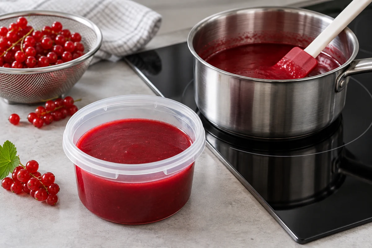 Smooth redcurrant sauce in a sample container beside a saucepan on a hob Smooth redcurrant sauce in a sample container beside a saucepan on a hob