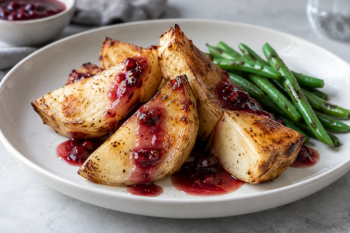 Roasted root-vegetable wedges with redcurrant sauce and green beans Roasted root-vegetable wedges with redcurrant sauce and green beans