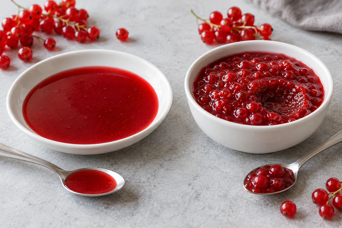 Smooth pouring redcurrant sauce beside a chunky spoonable condiment Smooth pouring redcurrant sauce beside a chunky spoonable condiment