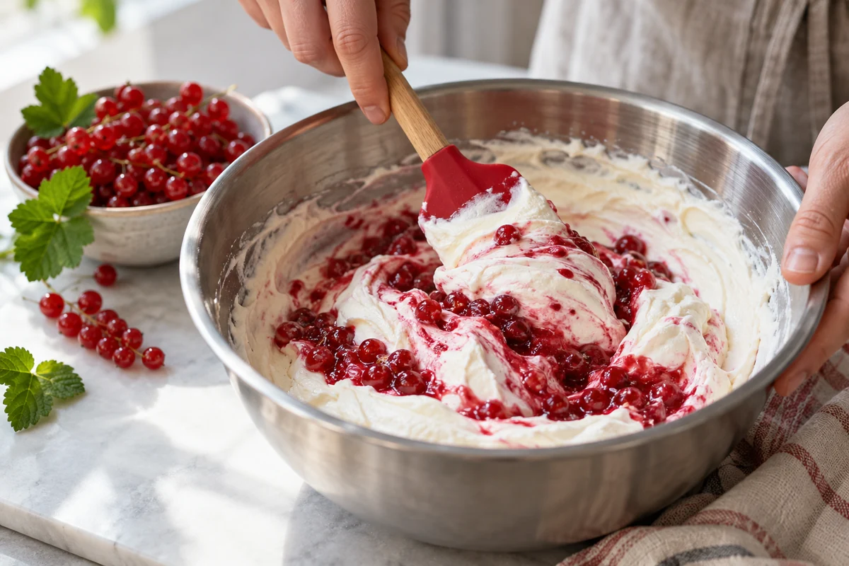Adding redcurrant preparation to dairy Redcurrant preparation being folded into a white dairy base