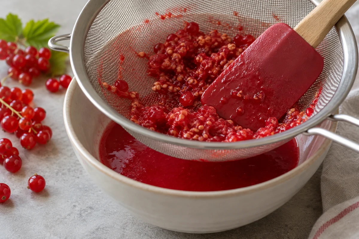 Screening redcurrant fruit preparation Cooked redcurrants pressed through a fine sieve over a sauce bowl