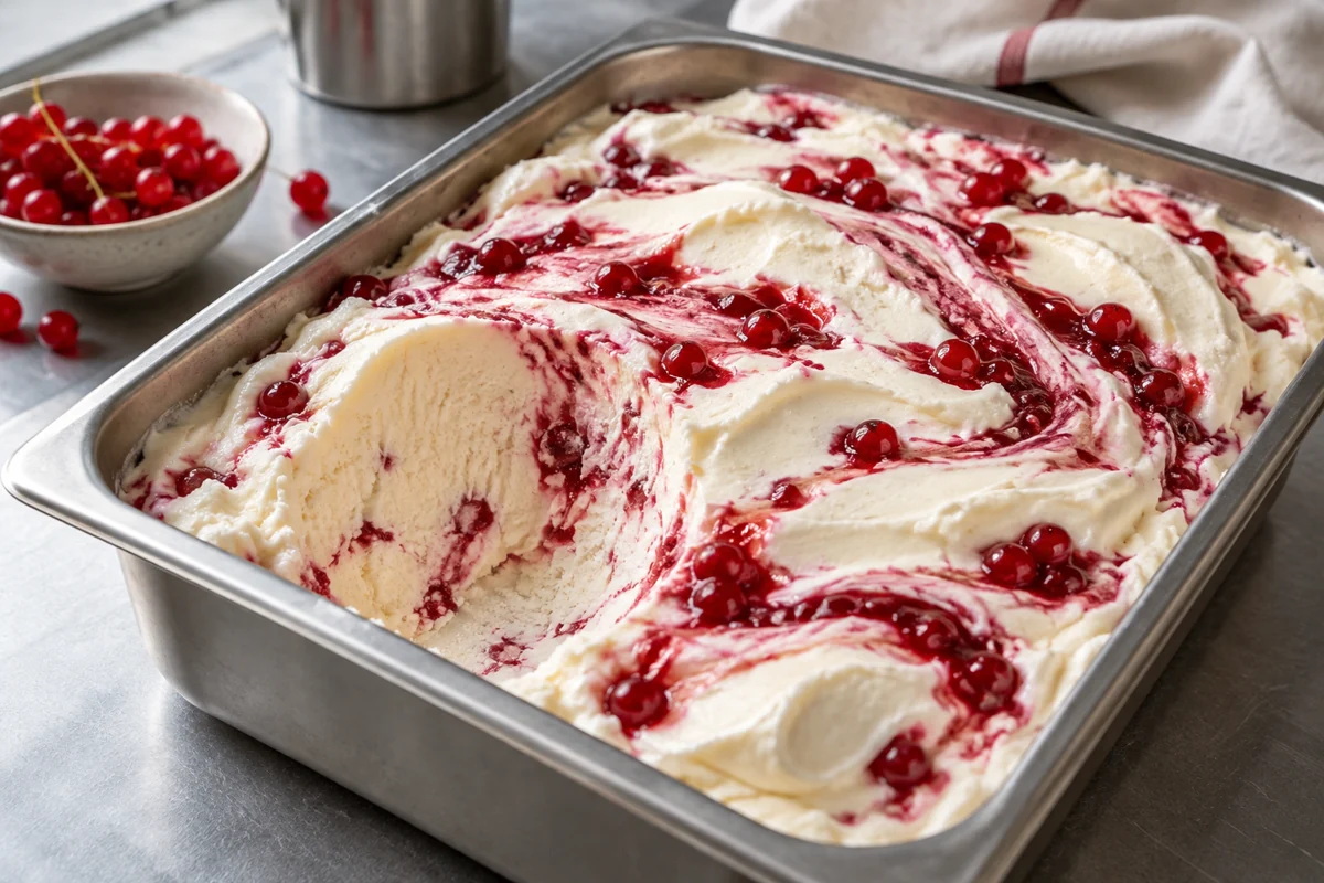 Redcurrant ripple distribution Redcurrant ripples visible in a frozen dairy dessert