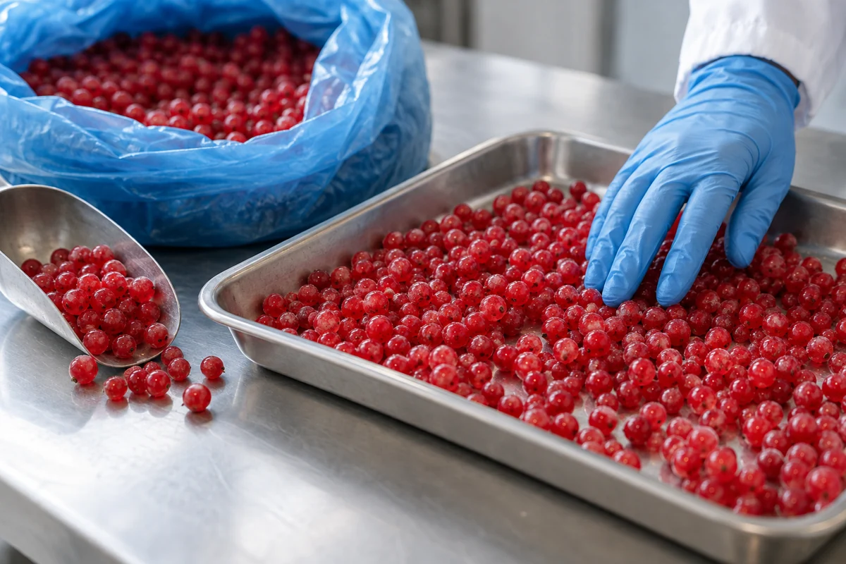 Sampling Frozen Red Currants for Stalks, Split Skins and Free Juice