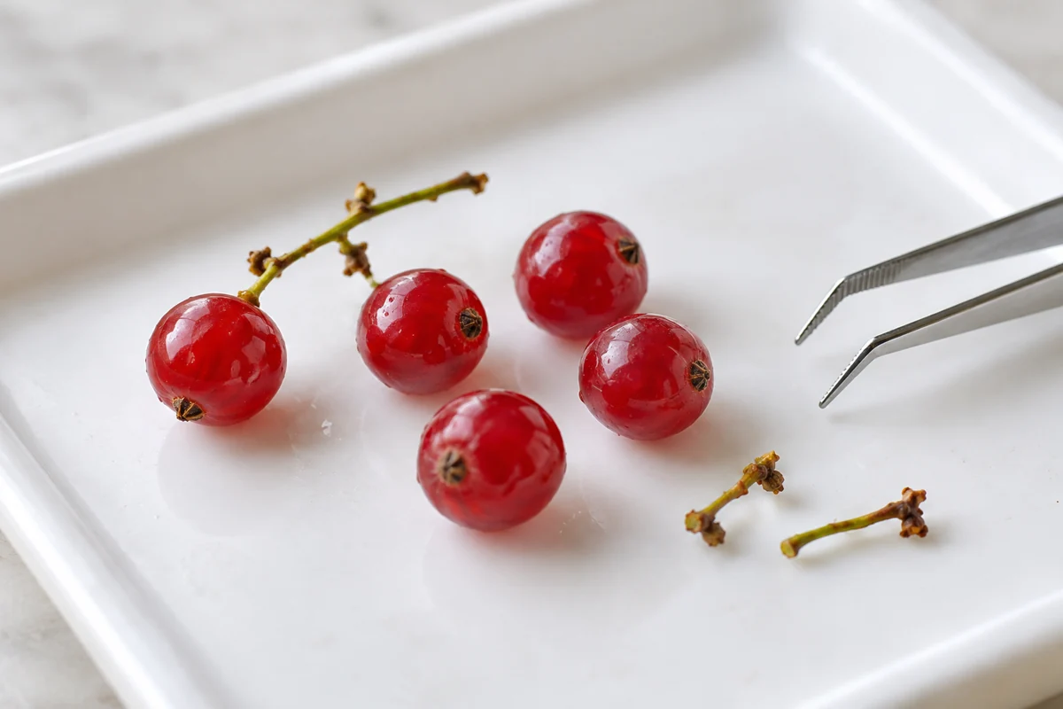 Attached stalk and detached fragments beside redcurrant berries