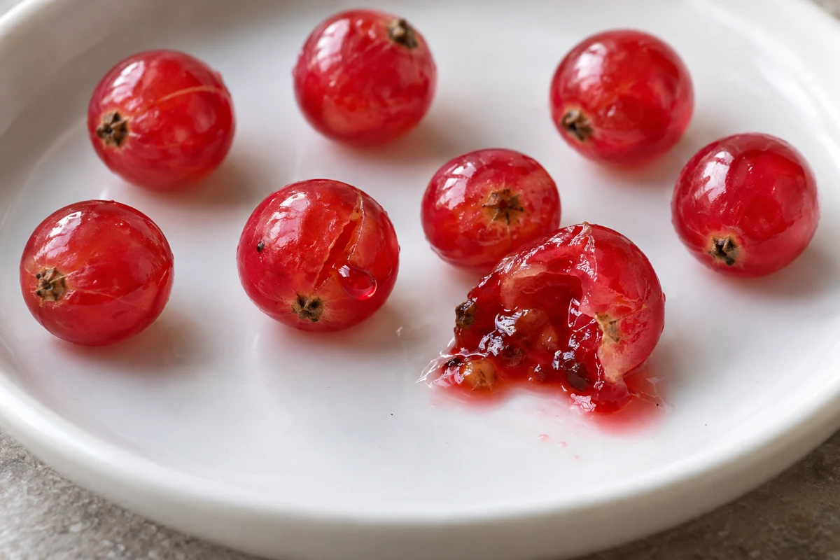 Intact, split and crushed redcurrants on an inspection dish
