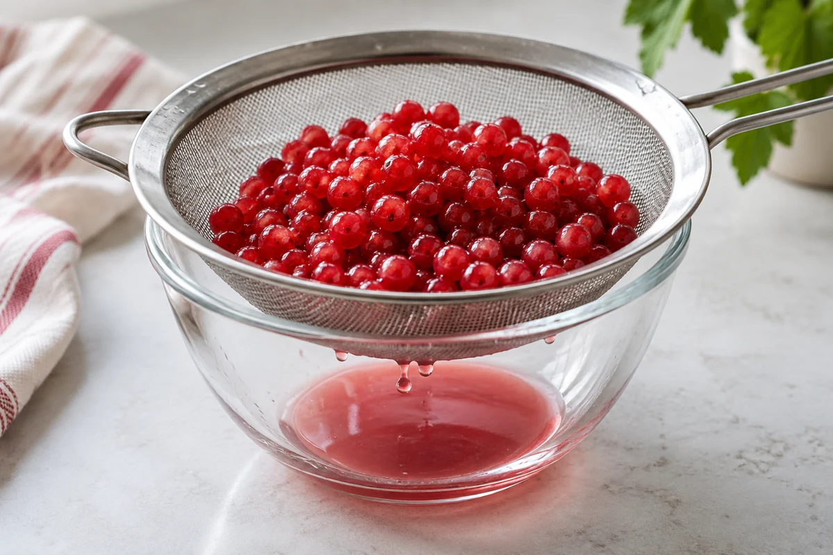 Thawed redcurrants in a sieve above collected liquid