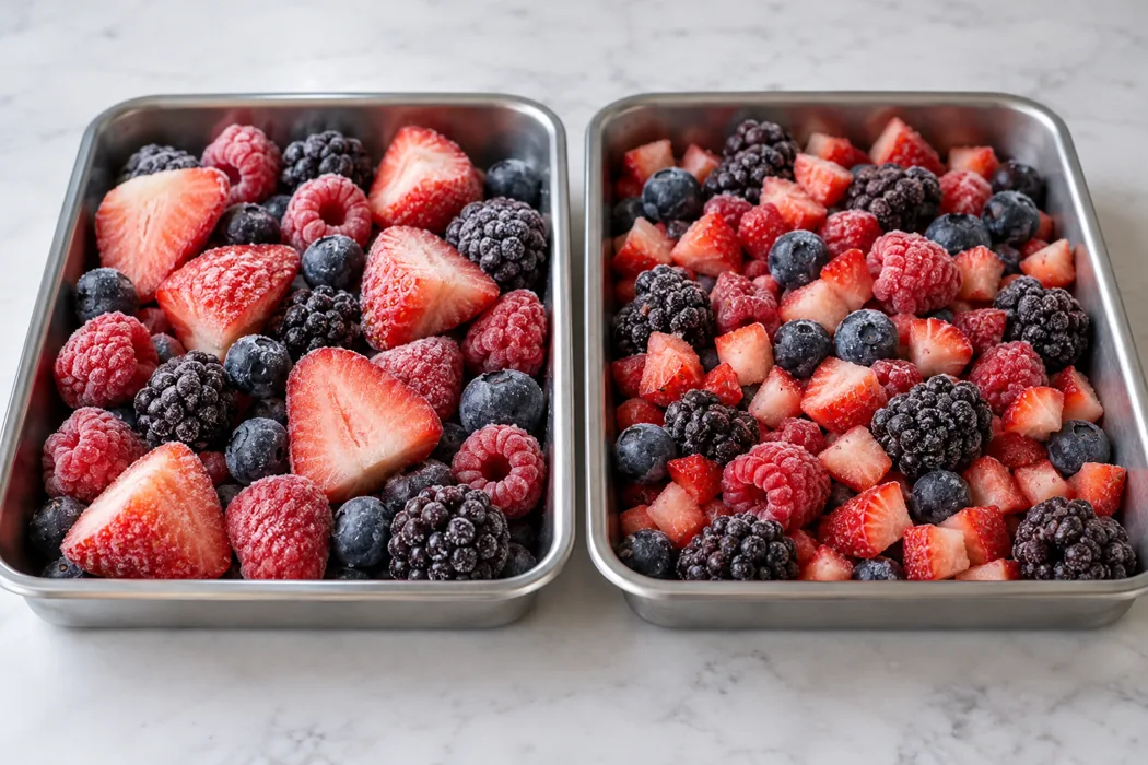 Strawberry cut size changes the physical balance of a mixed berry portion Strawberry cut size changes the physical balance of a mixed berry portion.