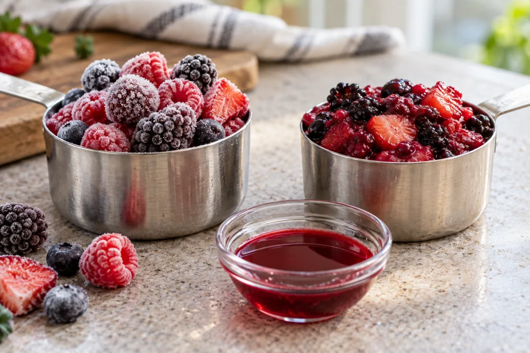 Whole frozen berries and softened fruit occupy a cup differently.