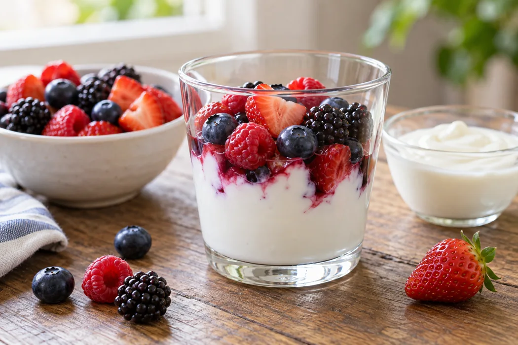 Nutrition for a prepared yogurt cup includes both the berries and the dairy base.