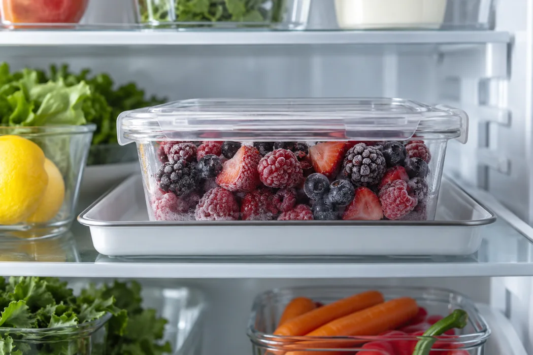A covered shallow container contains juice during refrigerated thawing A covered shallow container contains juice during refrigerated thawing.