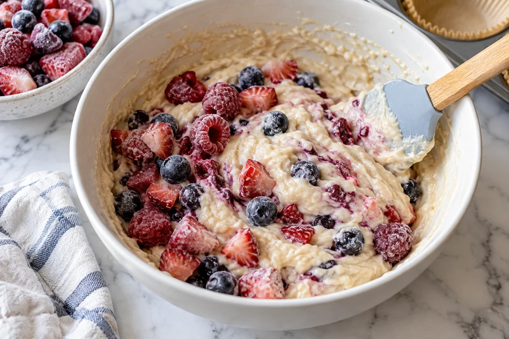 Small frozen berry pieces can be folded into suitable batter during a controlled recipe trial Small frozen berry pieces can be folded into suitable batter during a controlled recipe trial.
